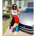 2021 Summer New Commodity Crop Top Colorblock Casual Streetwear Two Piece Ruched Pants Set for Women